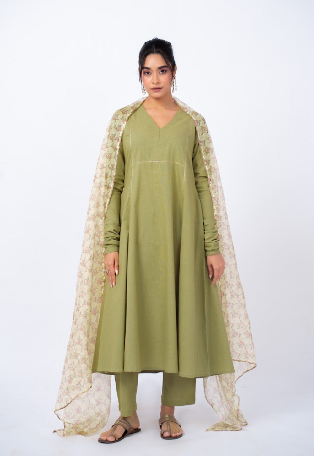 Yalini Green Solid Slub Cotton Kali Kurta Suit Set with Printed Dupatta (Set of 3)