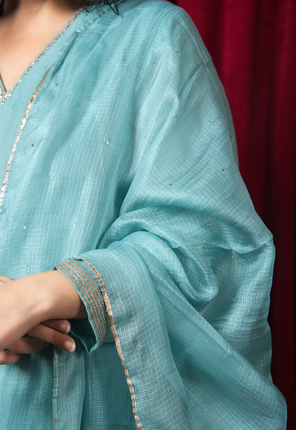Blue Solid Kota Doria Silk Dupatta with Mukaish Embroidery