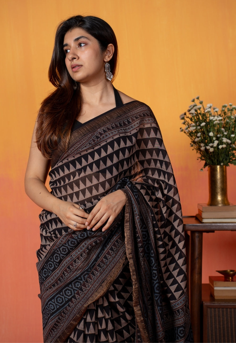 Black Tribal Ajrakh Hand Block Print Maheshwari Saree