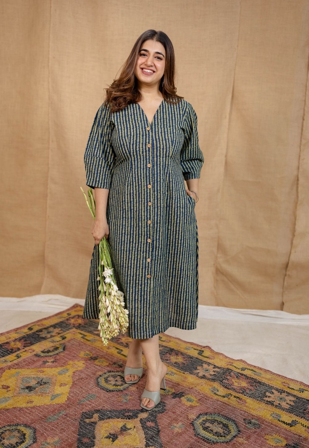 Nimit Indigo Ajrakh Cotton A Line Dress