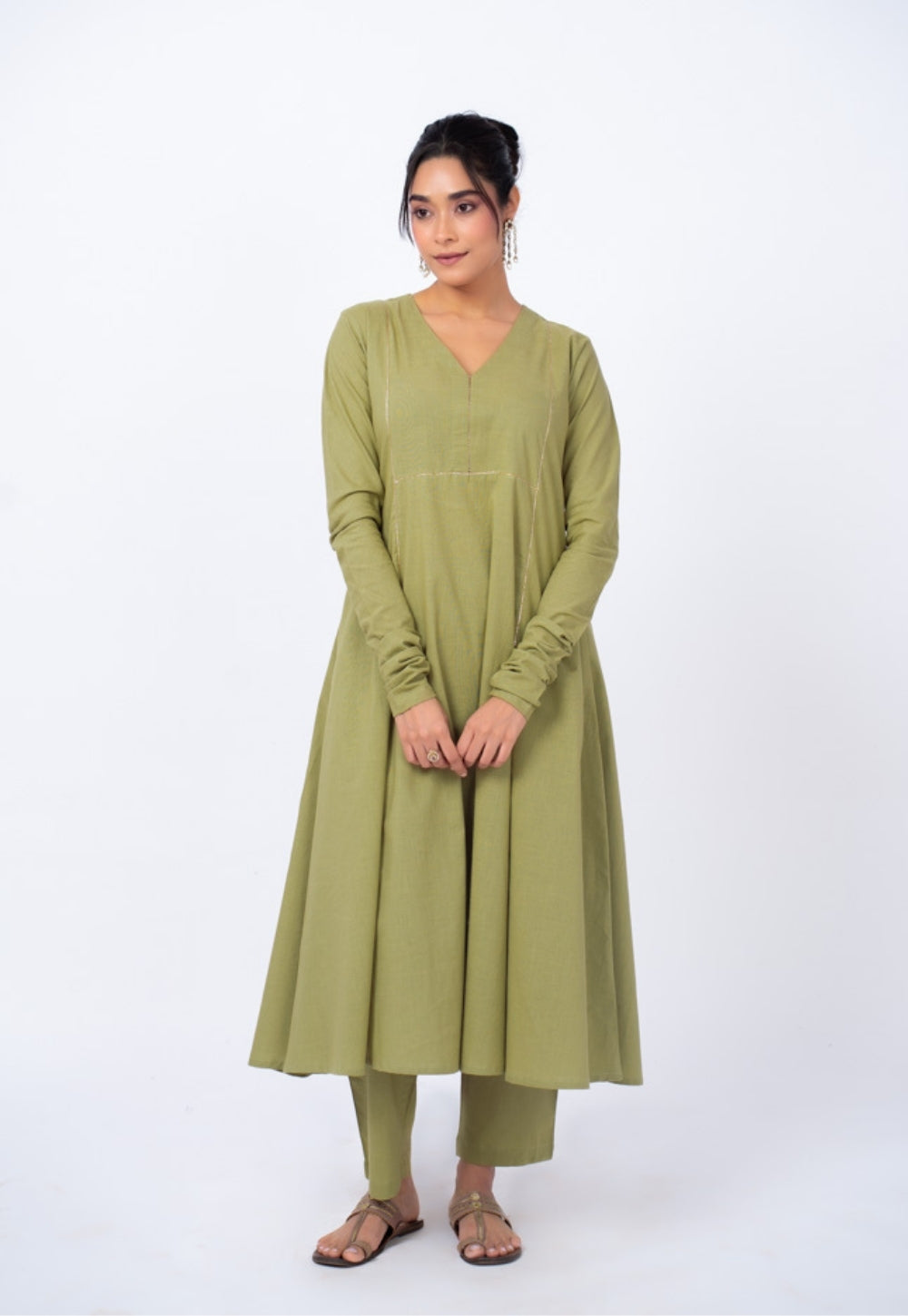 Yalini Green Solid Slub Cotton Kali Kurta Suit Set with Solid Dupatta (Set of 3)