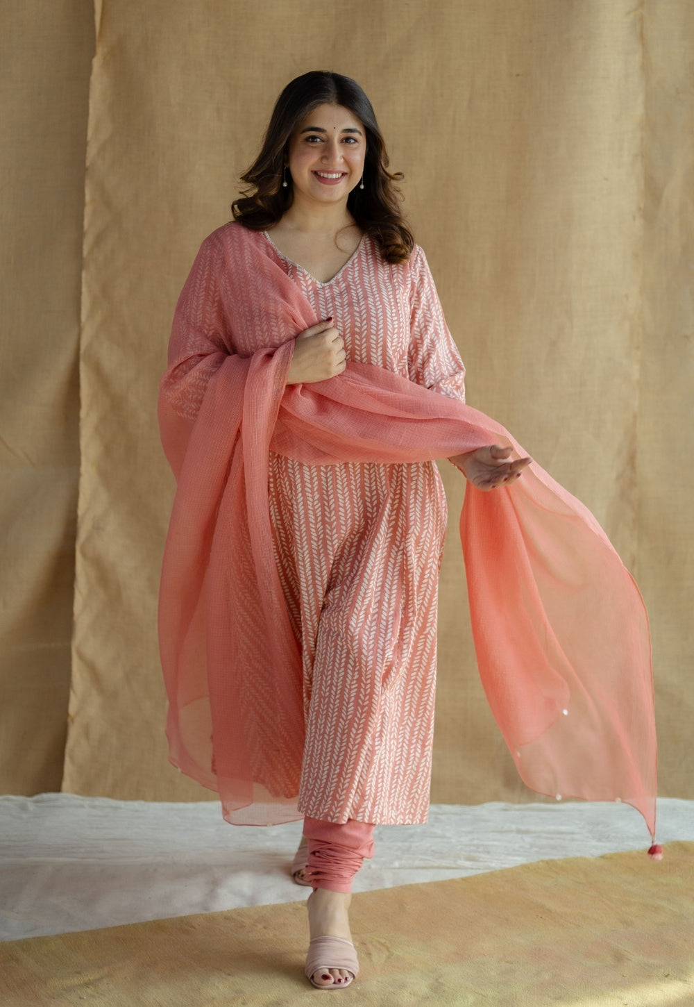 Jumana Coral Hand Block Print Slub Cotton Kali Kurta with Hand Embroidery