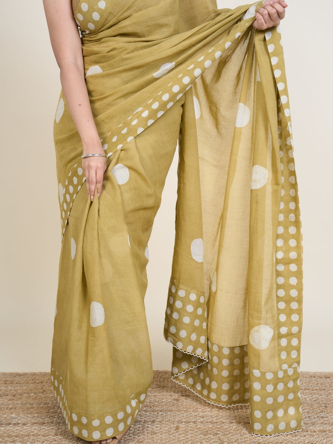 Samiha Green Batik Hand Block Print Mul Cotton Saree with Embroidery