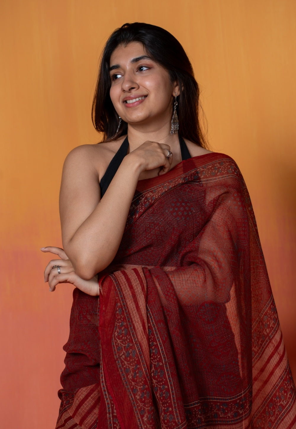 Red Mughal Ajrkah Hand Block Print Kota Doria Saree