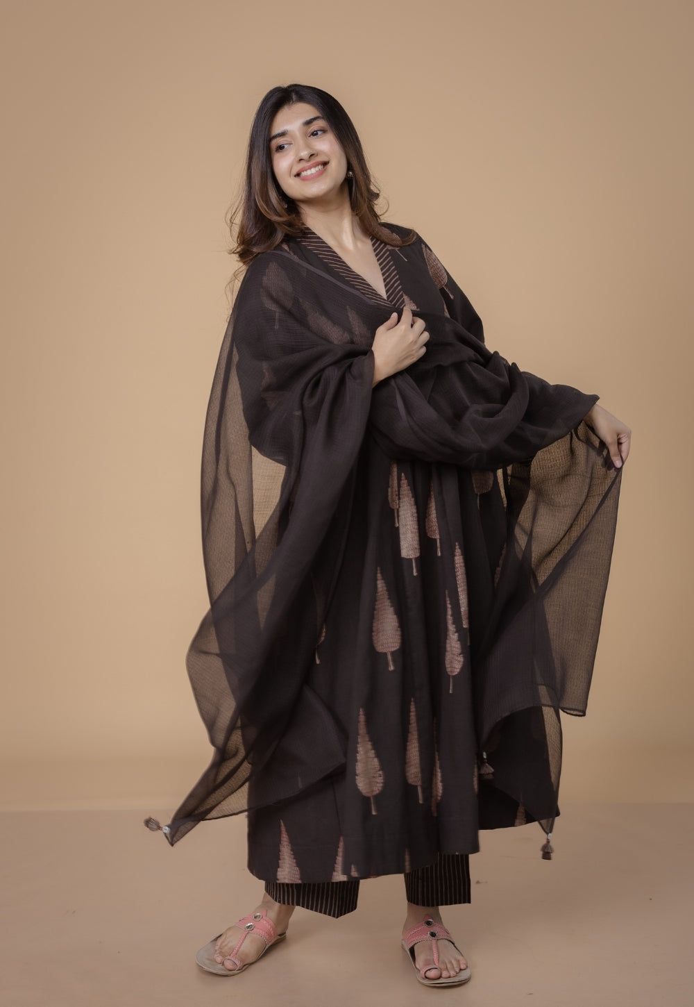 Brown Solid Kota Doria Cotton Dupatta