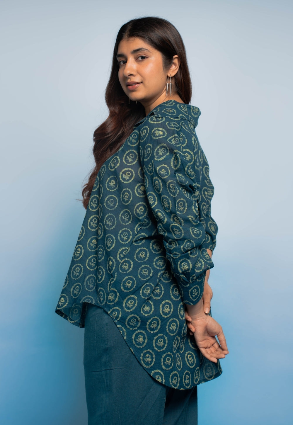 Ruhi Teal Blue Dabu Mul Cotton Straight Shirt