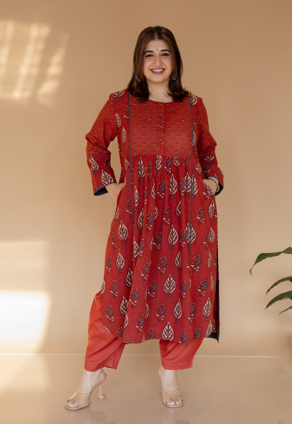 Divyathi Red Ajrakh Cotton A Line Kurta