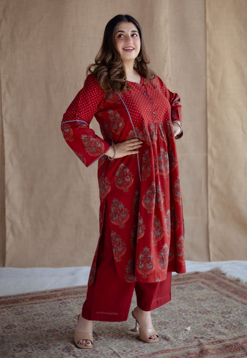 Divyathi Red Ajrakh Cotton A Line Kurta with Hand Embroidery