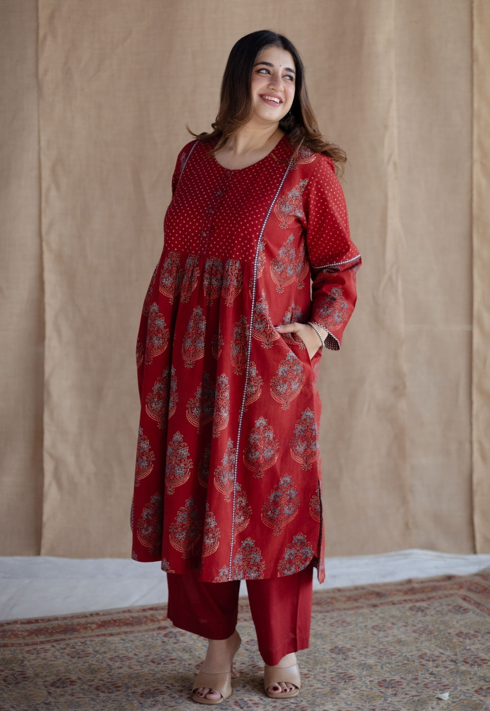 Divyathi Red Ajrakh Cotton A Line Kurta with Hand Embroidery