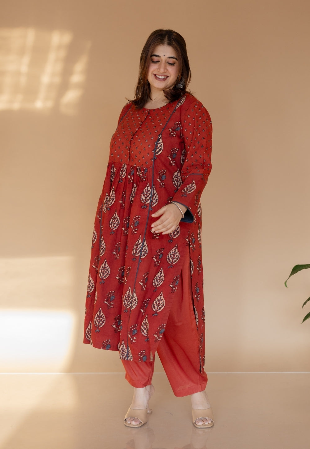 Divyathi Red Ajrakh Cotton A Line Kurta