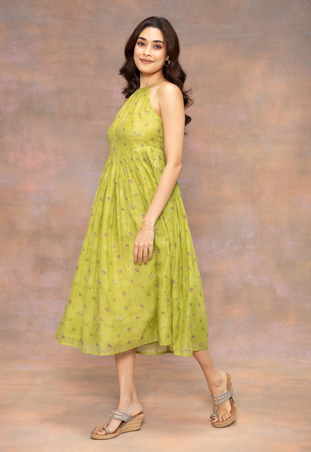 Rooz Green Sanganeri Chanderi Silk A Line Dress