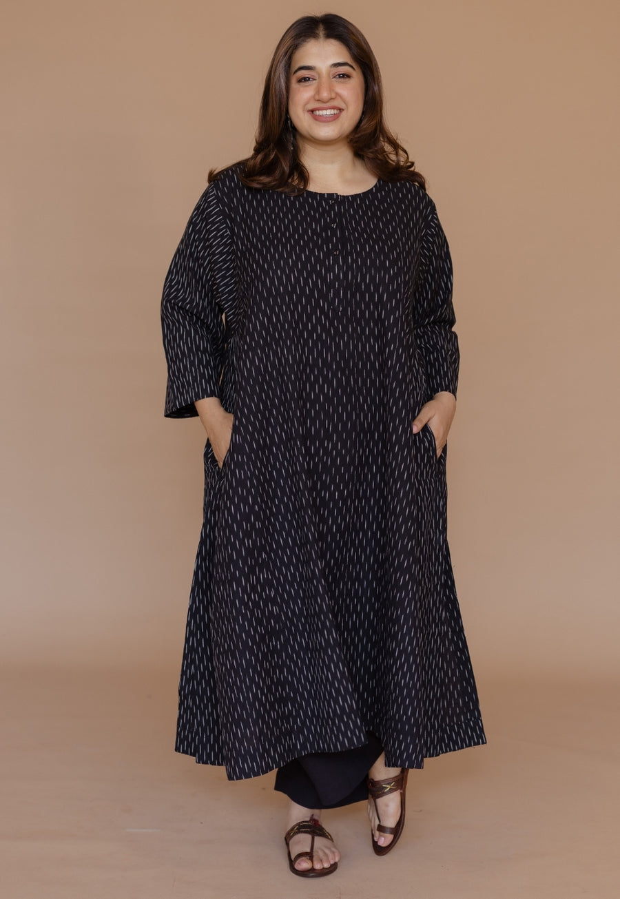 Alizah Black Handloom Ikkat Cotton Jhabbha Kali Kurta