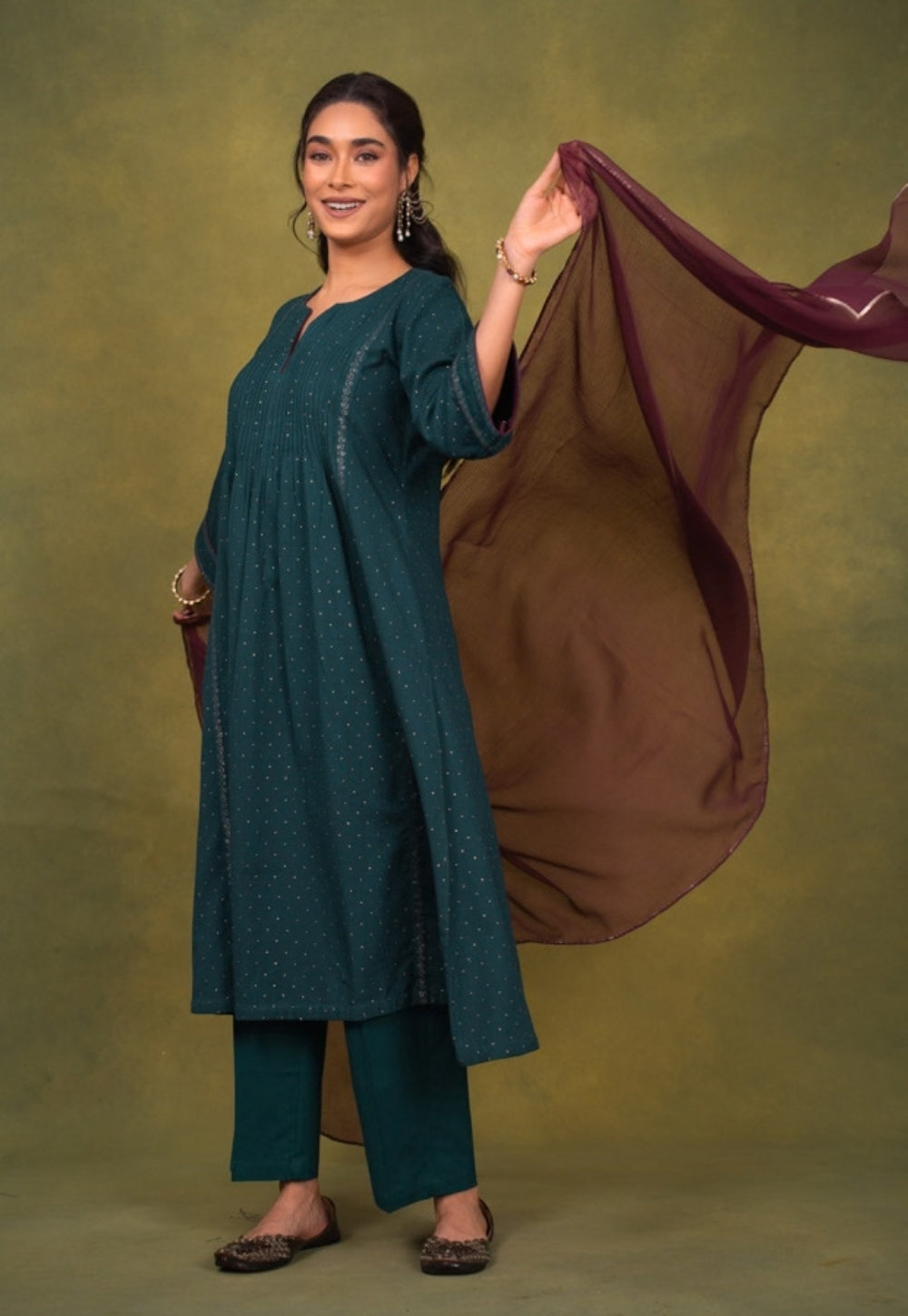 Jannat Blue Rogan Handblock Printed Cotton Kali Kurta Suit Set (Set of 3)