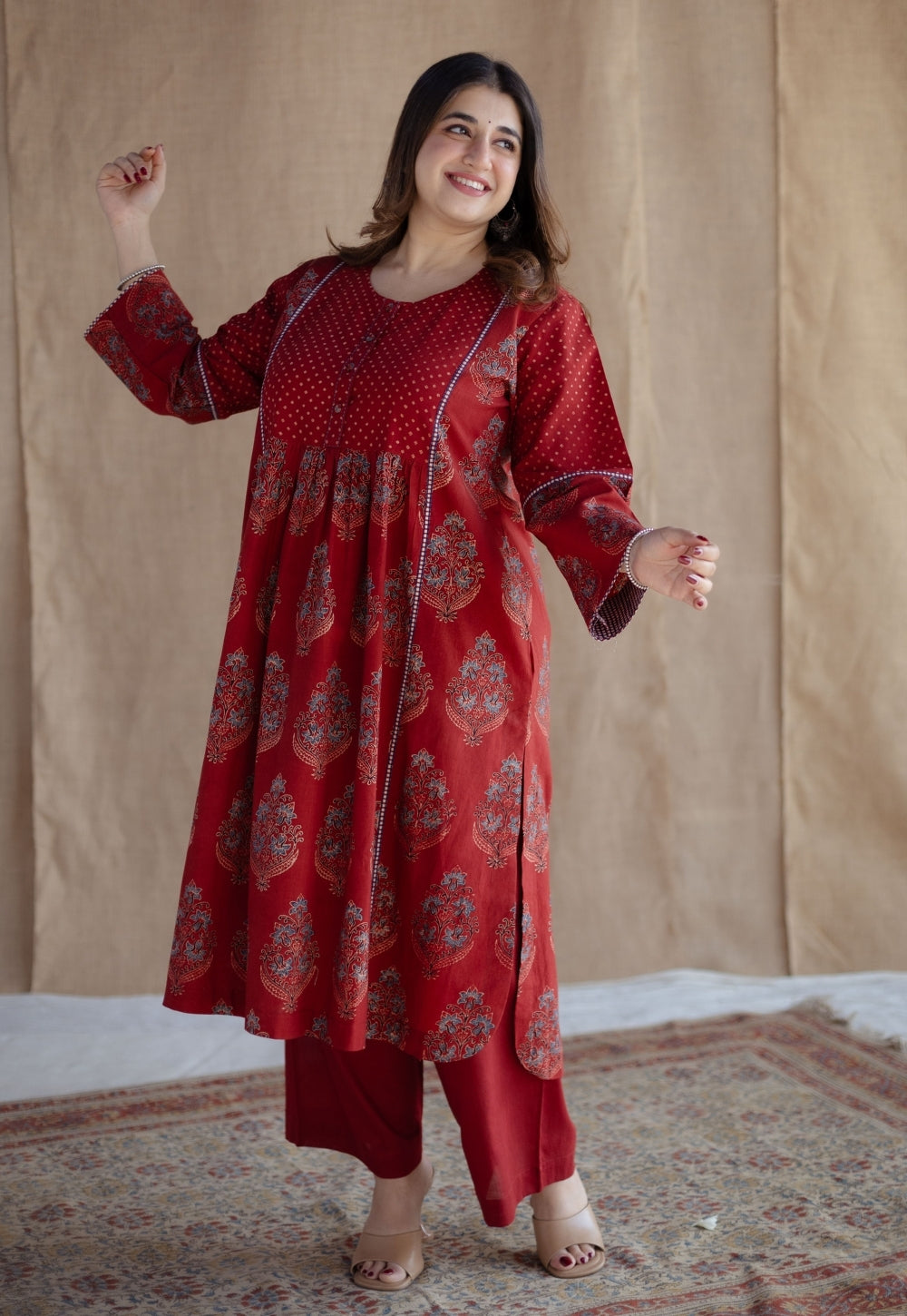 Divyathi Red Ajrakh Cotton A Line Kurta with Hand Embroidery