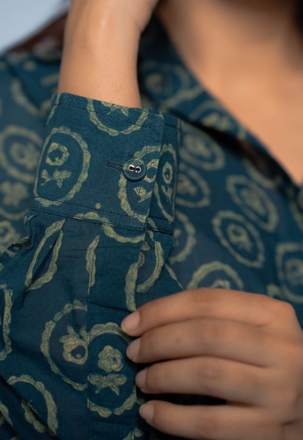 Ruhi Teal Blue Dabu Mul Cotton Straight Shirt