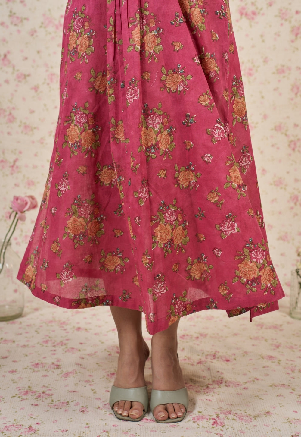 Rosie Pink Sanganeri Mul Cotton A Line Dress