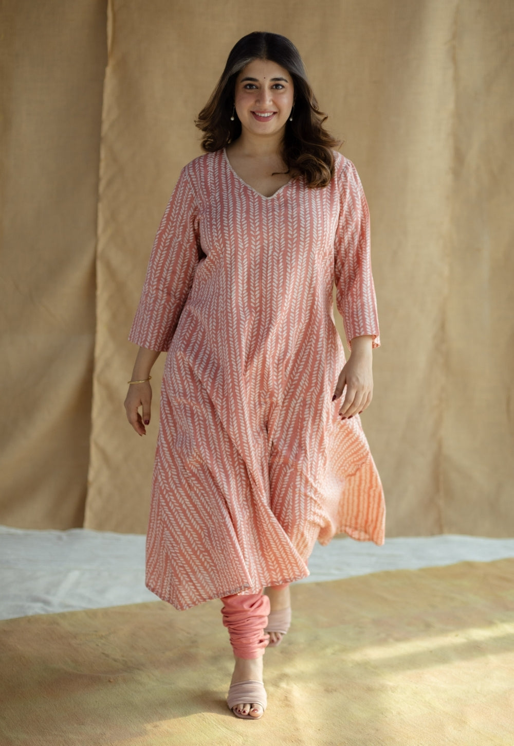 Jumana Coral Hand Block Print Slub Cotton Kali Kurta with Hand Embroidery