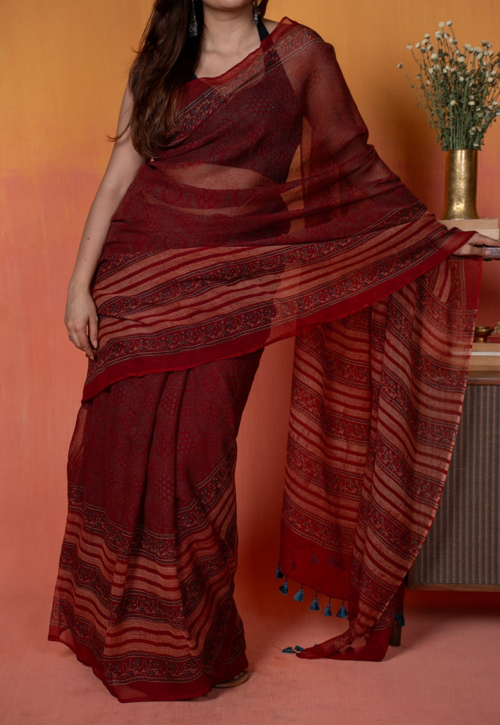 Red Mughal Ajrkah Hand Block Print Kota Doria Saree