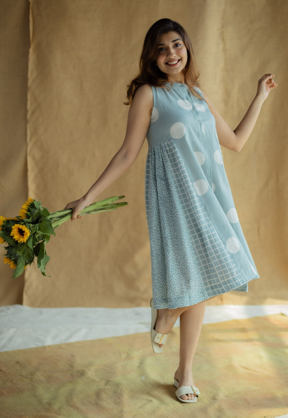 Fariyah Sky Blue Hand Block Print Slub Cotton A Line Dress