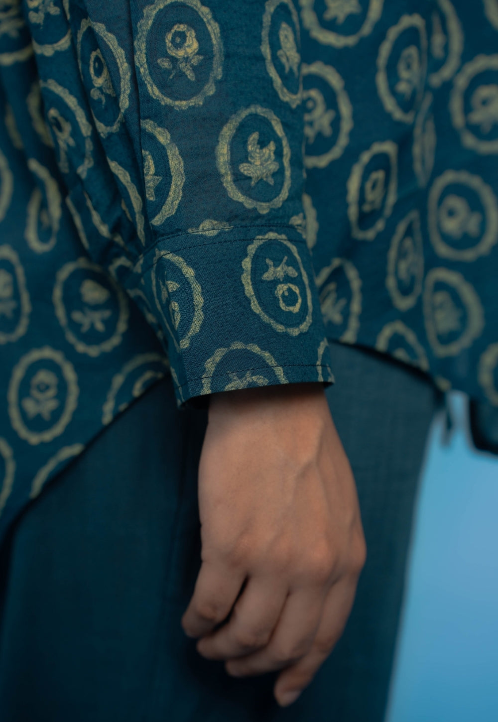 Ruhi Teal Blue Dabu Mul Cotton Straight Shirt