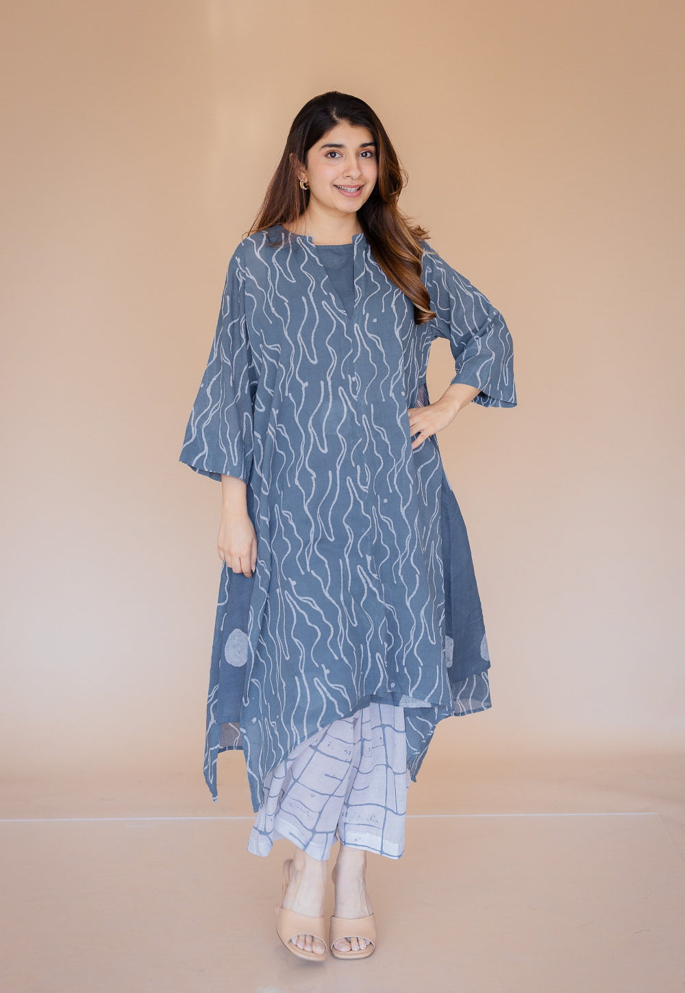 Jarsha Blue Batik MulMul A Line Kurta with Slip