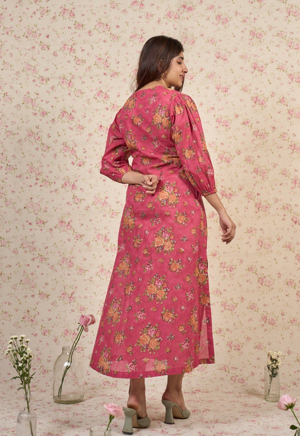 Rosie Pink Sanganeri Mul Cotton A Line Dress