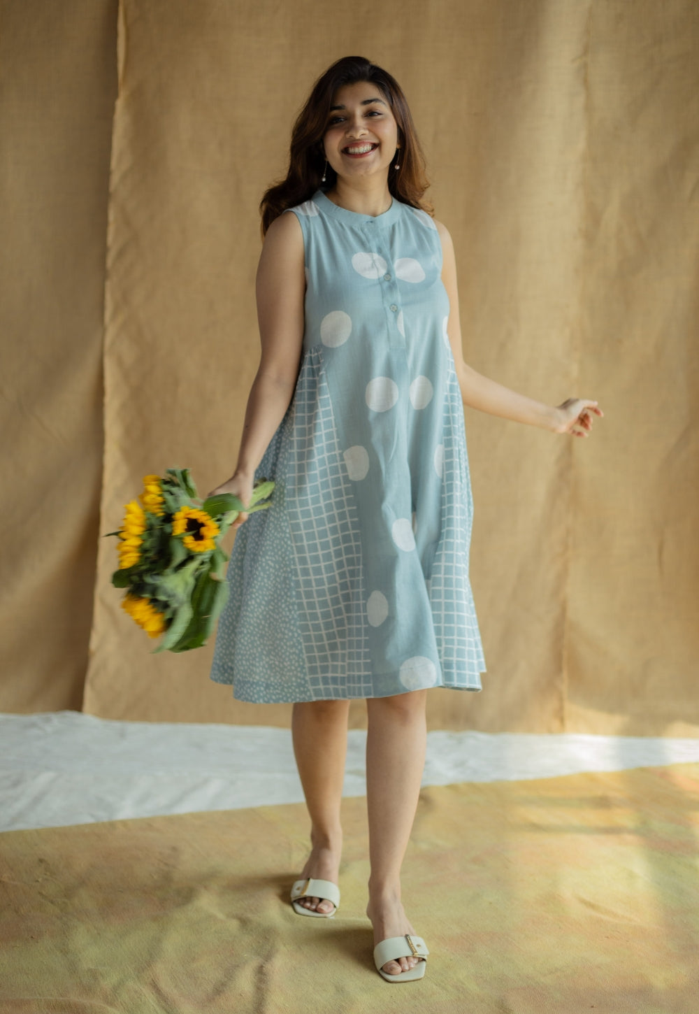 Fariyah Sky Blue Hand Block Print Slub Cotton A Line Dress