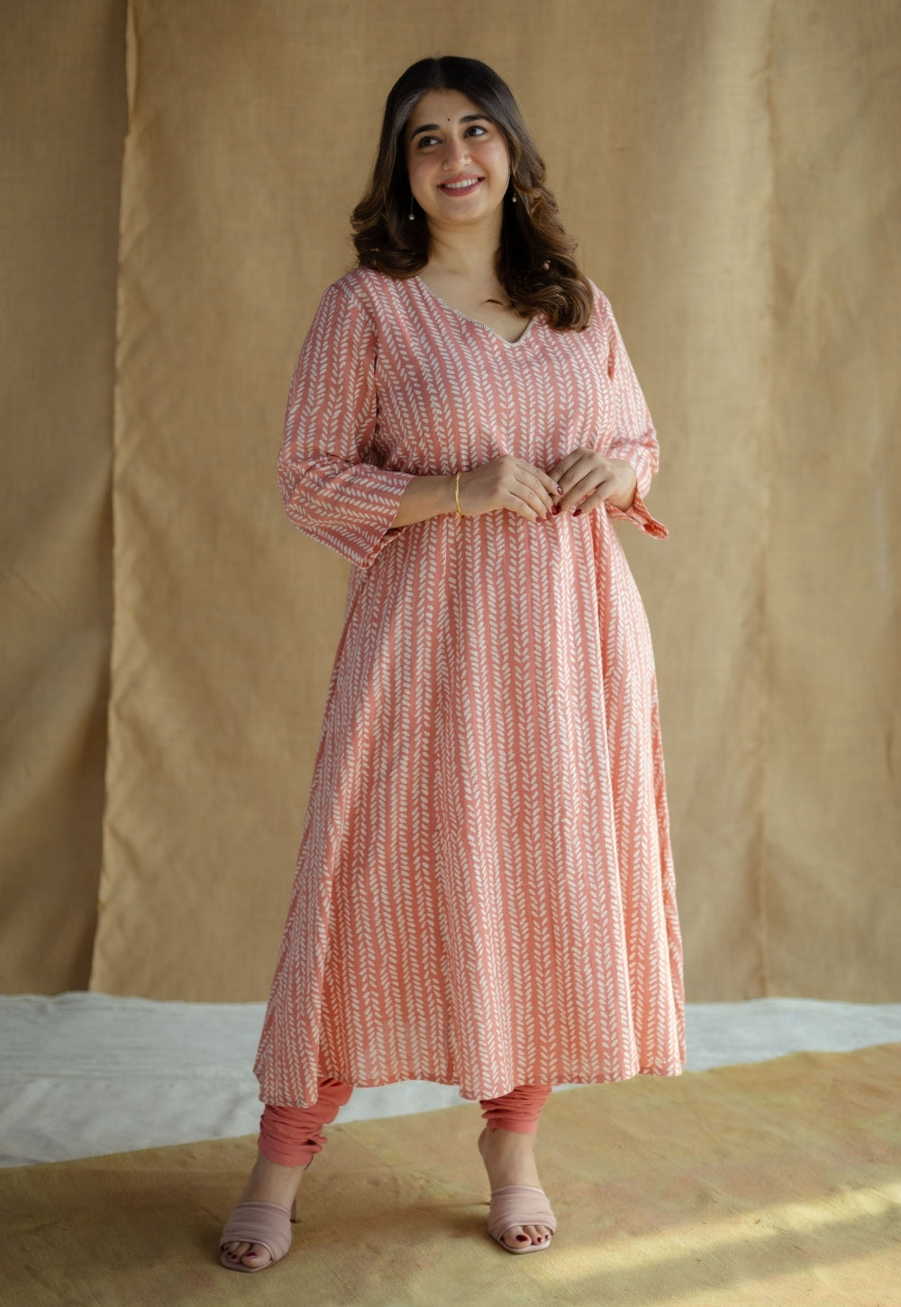 Jumana Coral Hand Block Print Slub Cotton Kali Kurta with Hand Embroidery