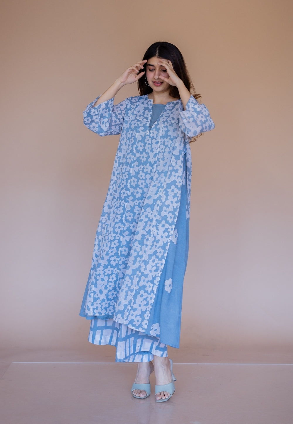 Zeha Blue Batik MulMul A Line Kurta with Slip