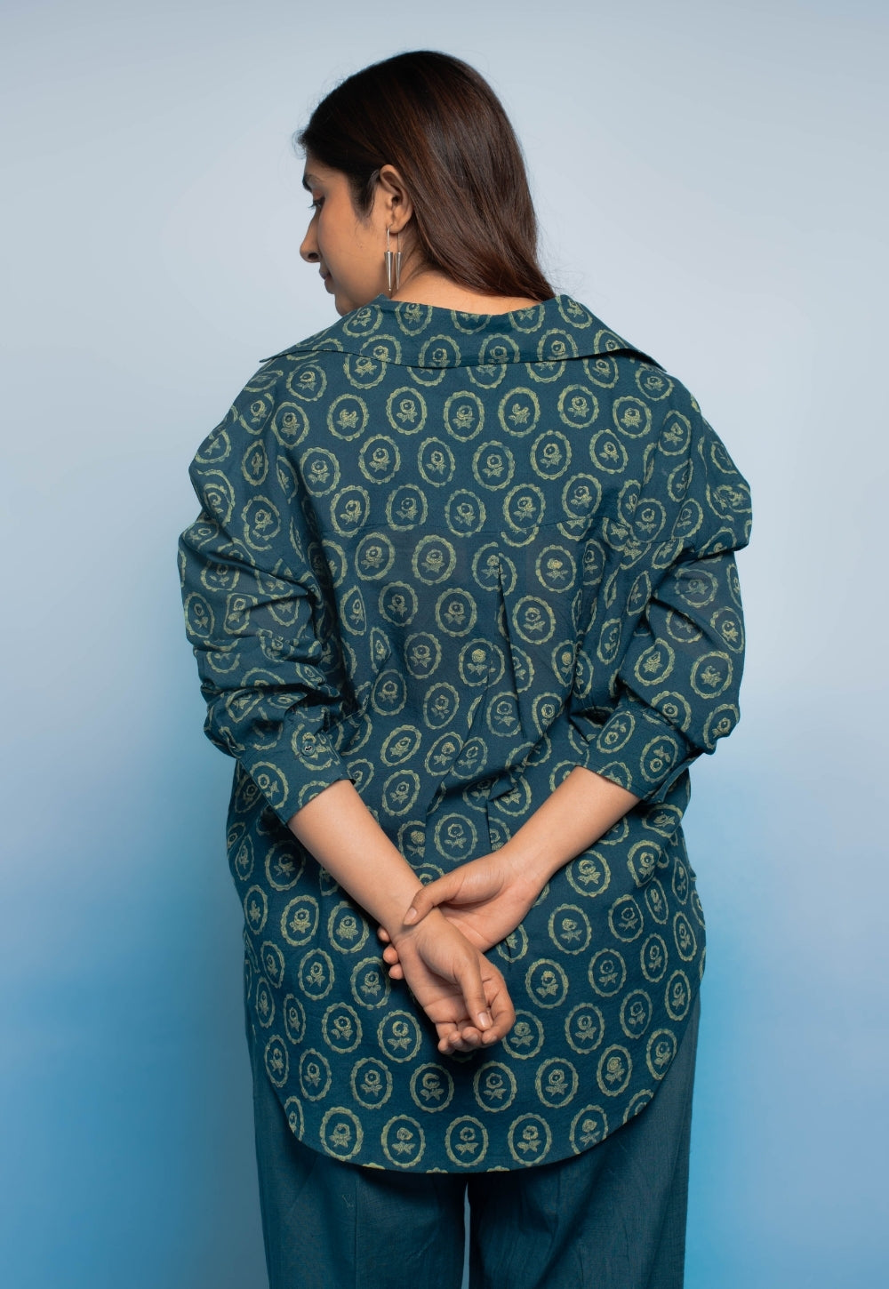 Ruhi Teal Blue Dabu Mul Cotton Straight Shirt