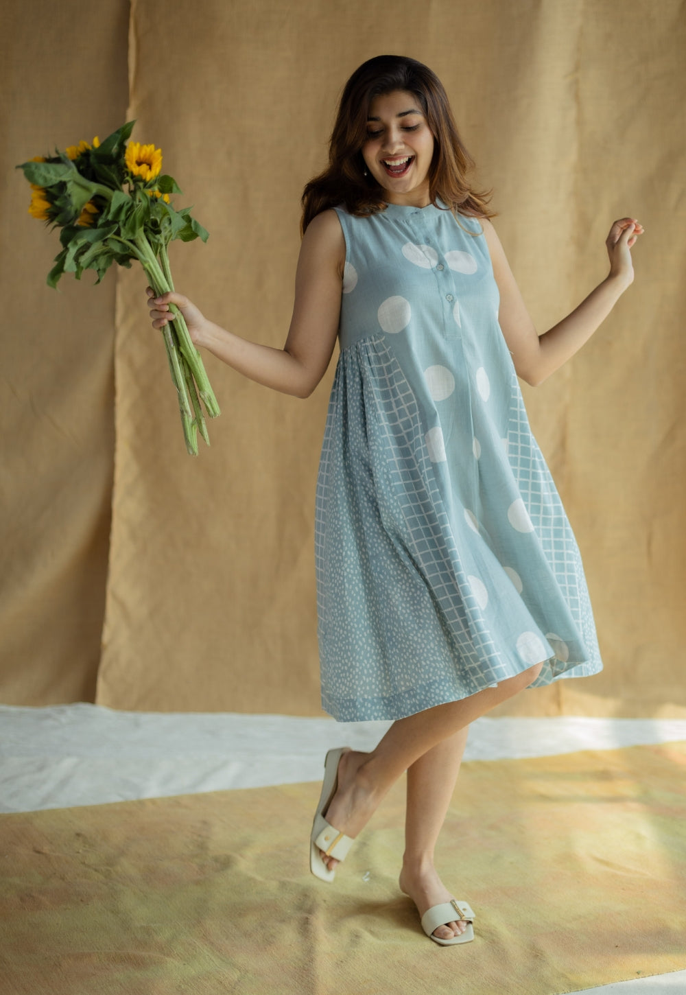 Fariyah Sky Blue Hand Block Print Slub Cotton A Line Dress