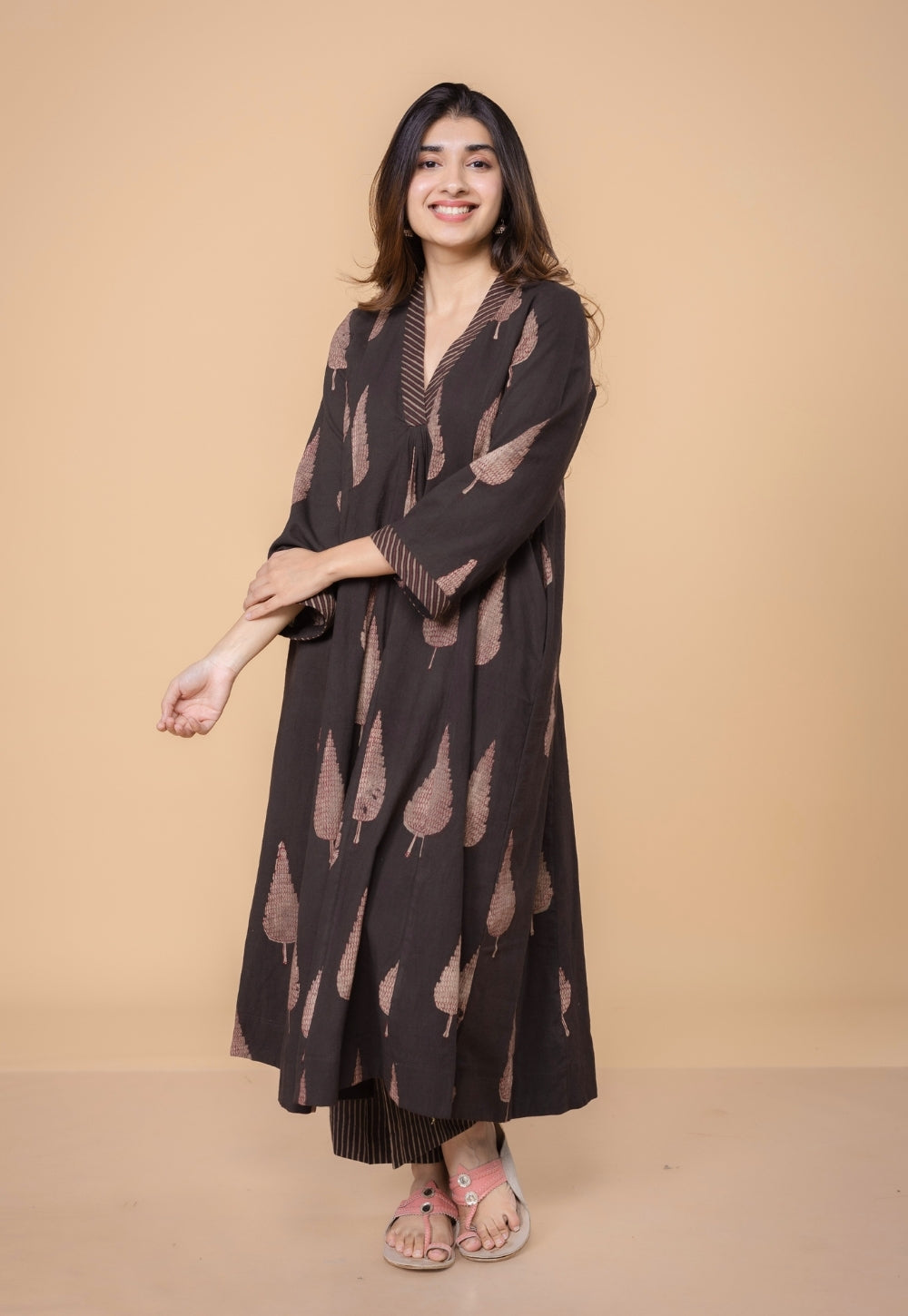 Eshita Brown Dabu Slub Cotton A Line Kurta