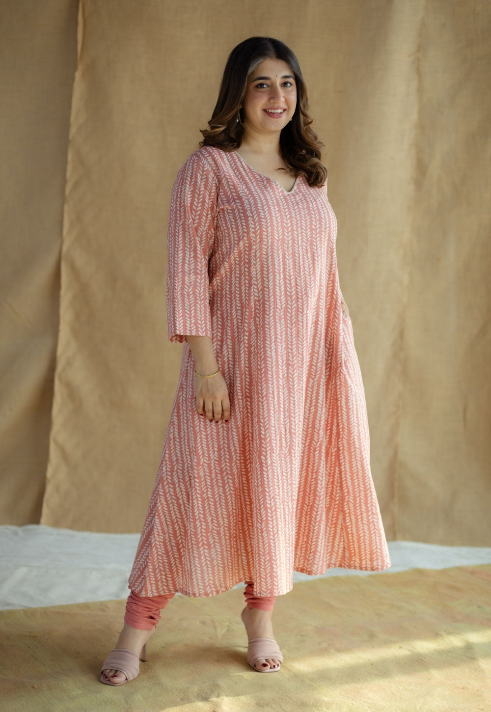 Jumana Coral Hand Block Print Slub Cotton Kali Kurta with Hand Embroidery