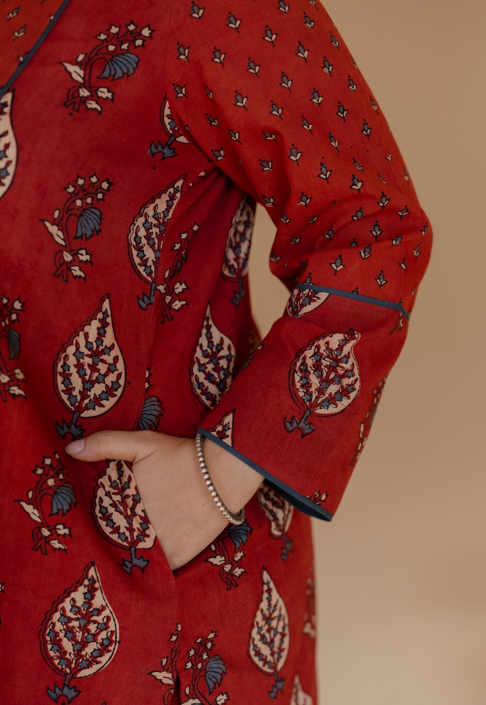 Divyathi Red Ajrakh Cotton A Line Kurta