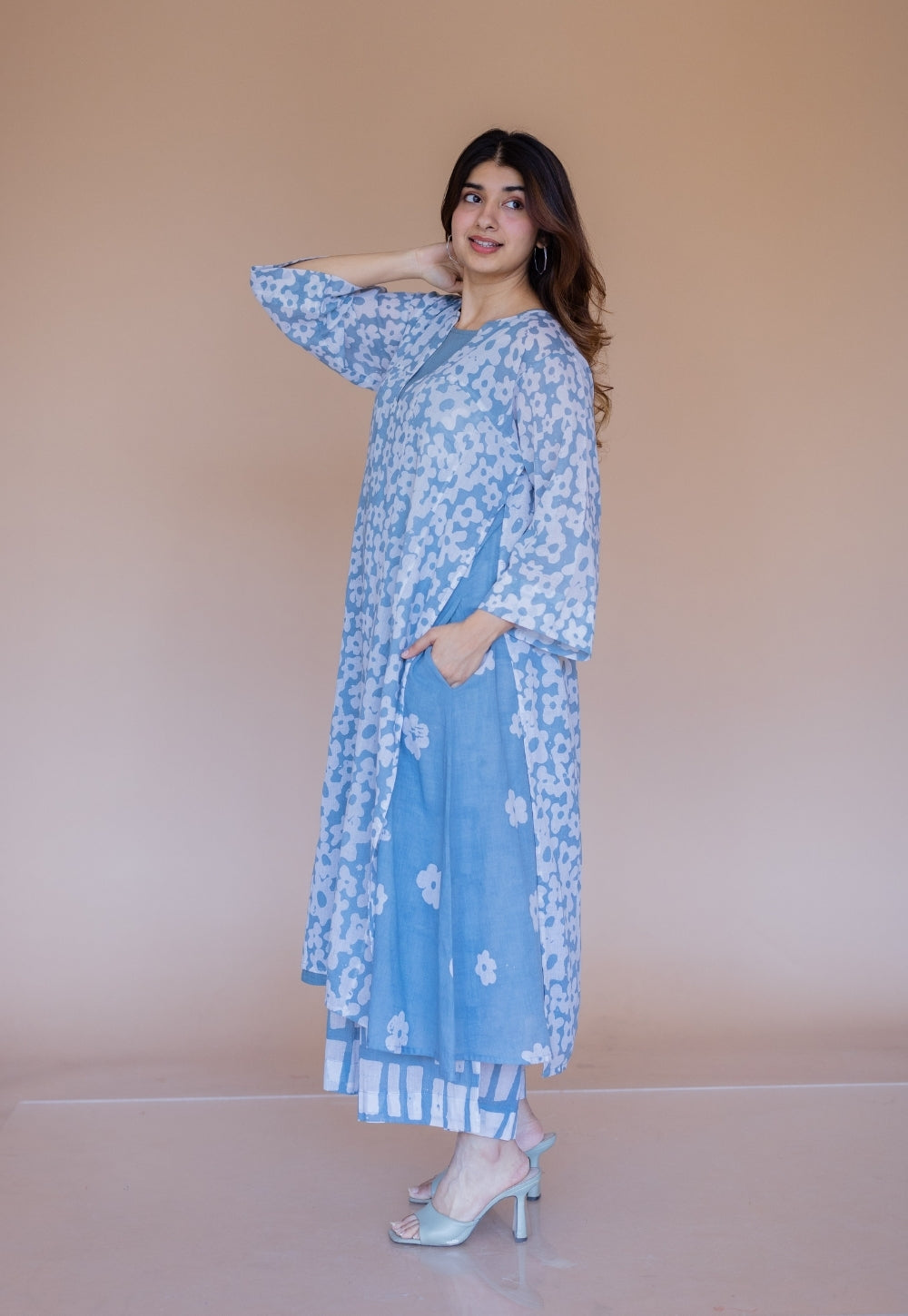 Zeha Blue Batik MulMul A Line Kurta with Slip