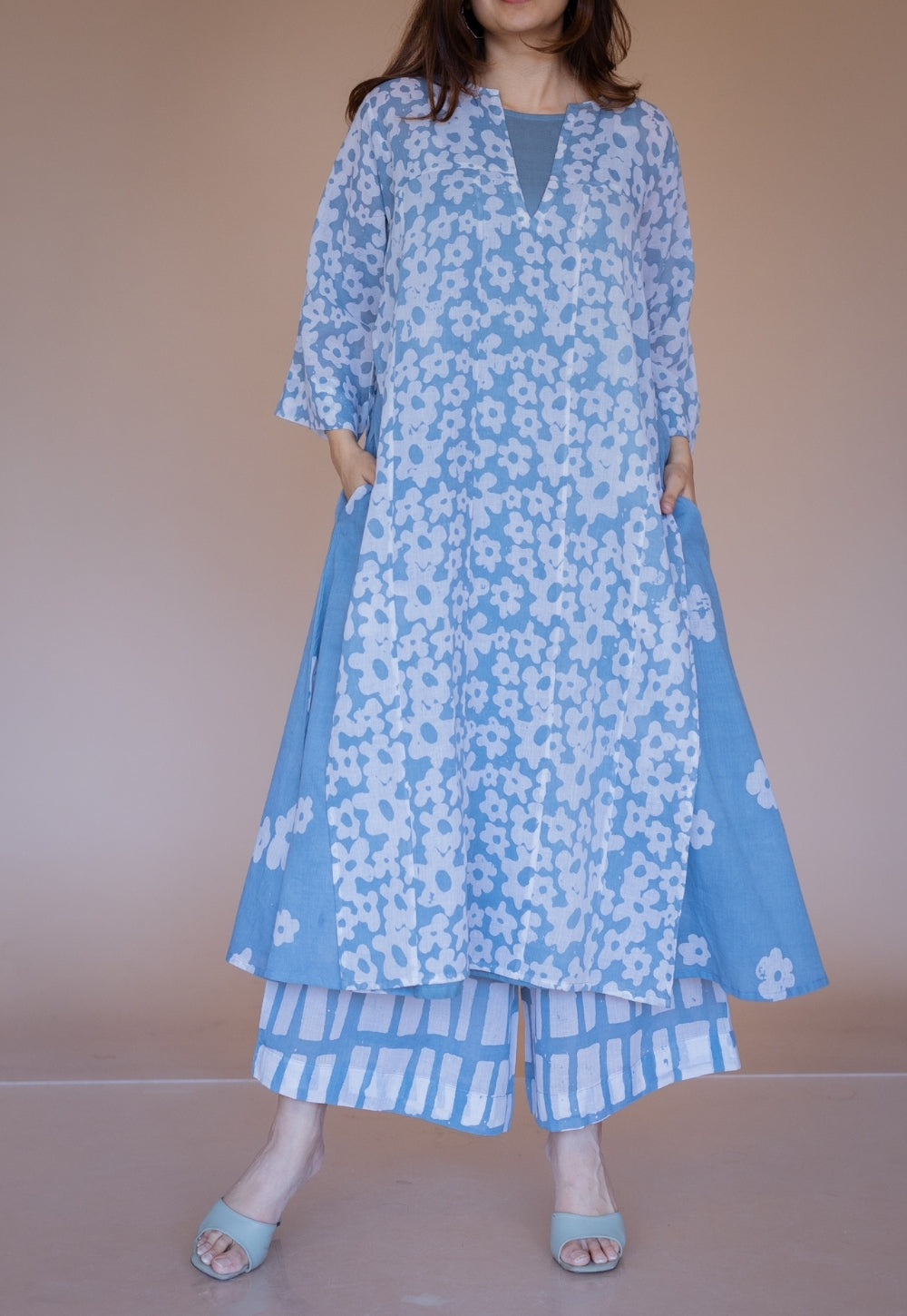 Zeha Blue Batik MulMul A Line Kurta with Slip