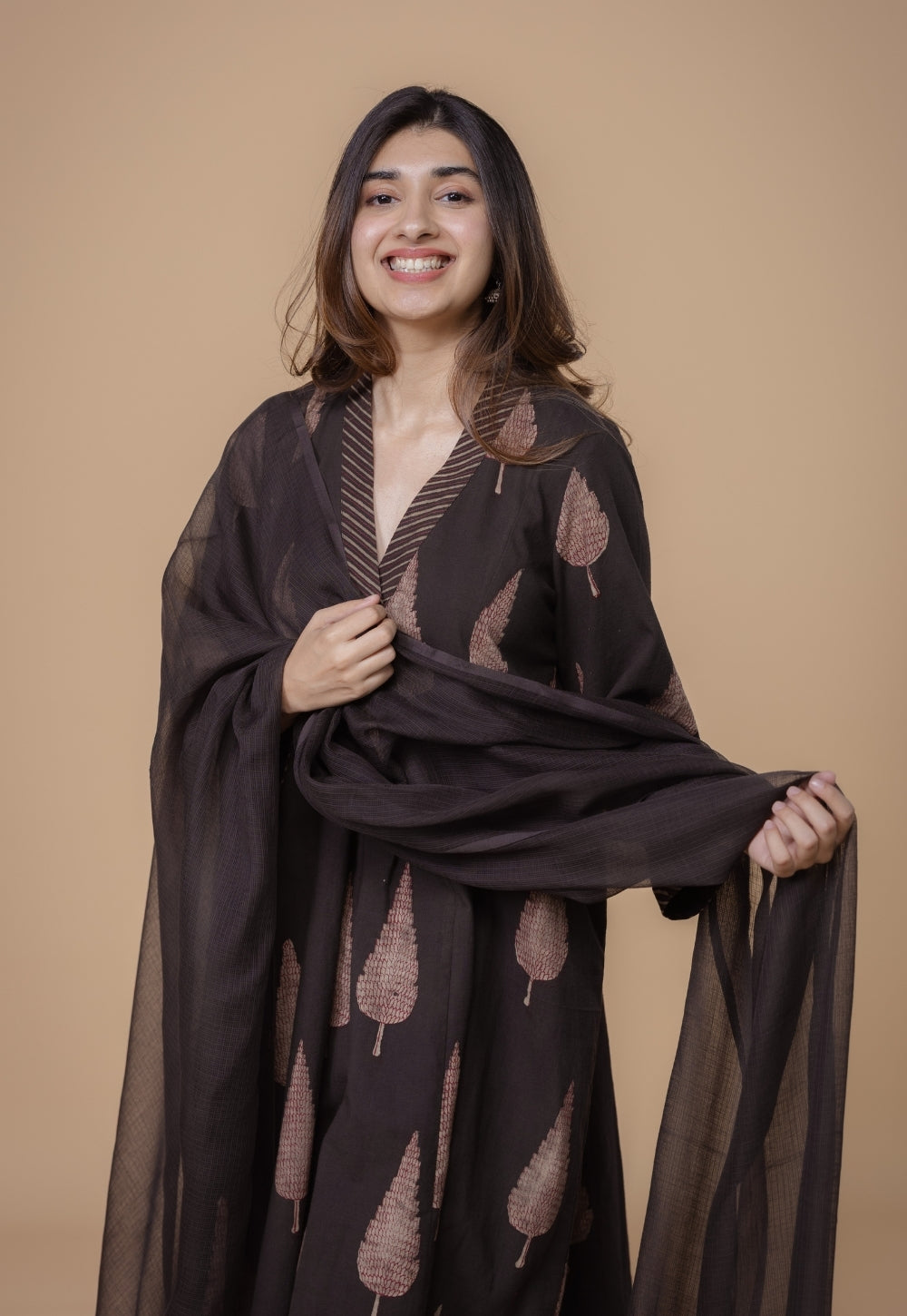 Brown Solid Kota Doria Cotton Dupatta