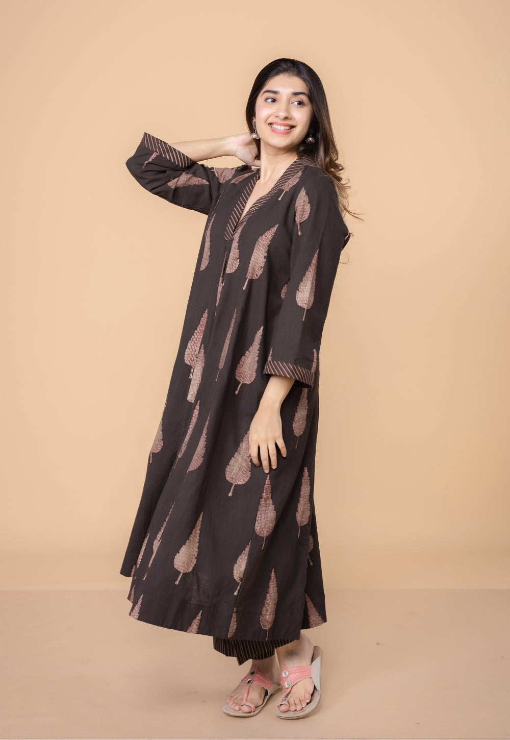 Eshita Brown Dabu Slub Cotton A Line Kurta