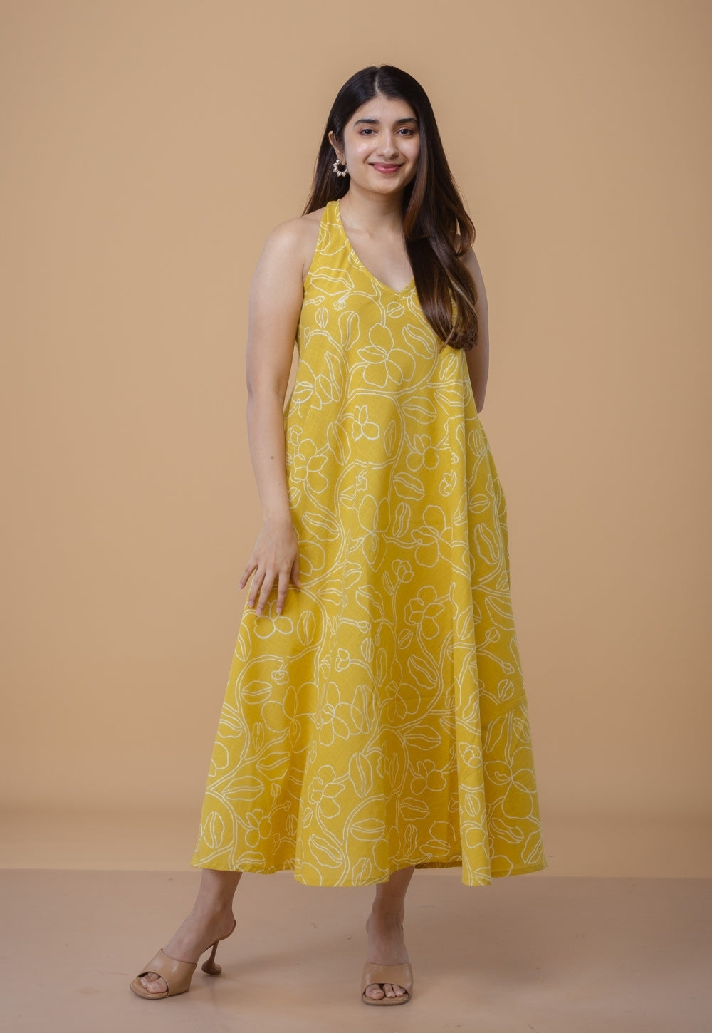 knee length dresses for ladies Blue Palm Tree Print Cotton Cut-Out Dress - Maxi Dresses