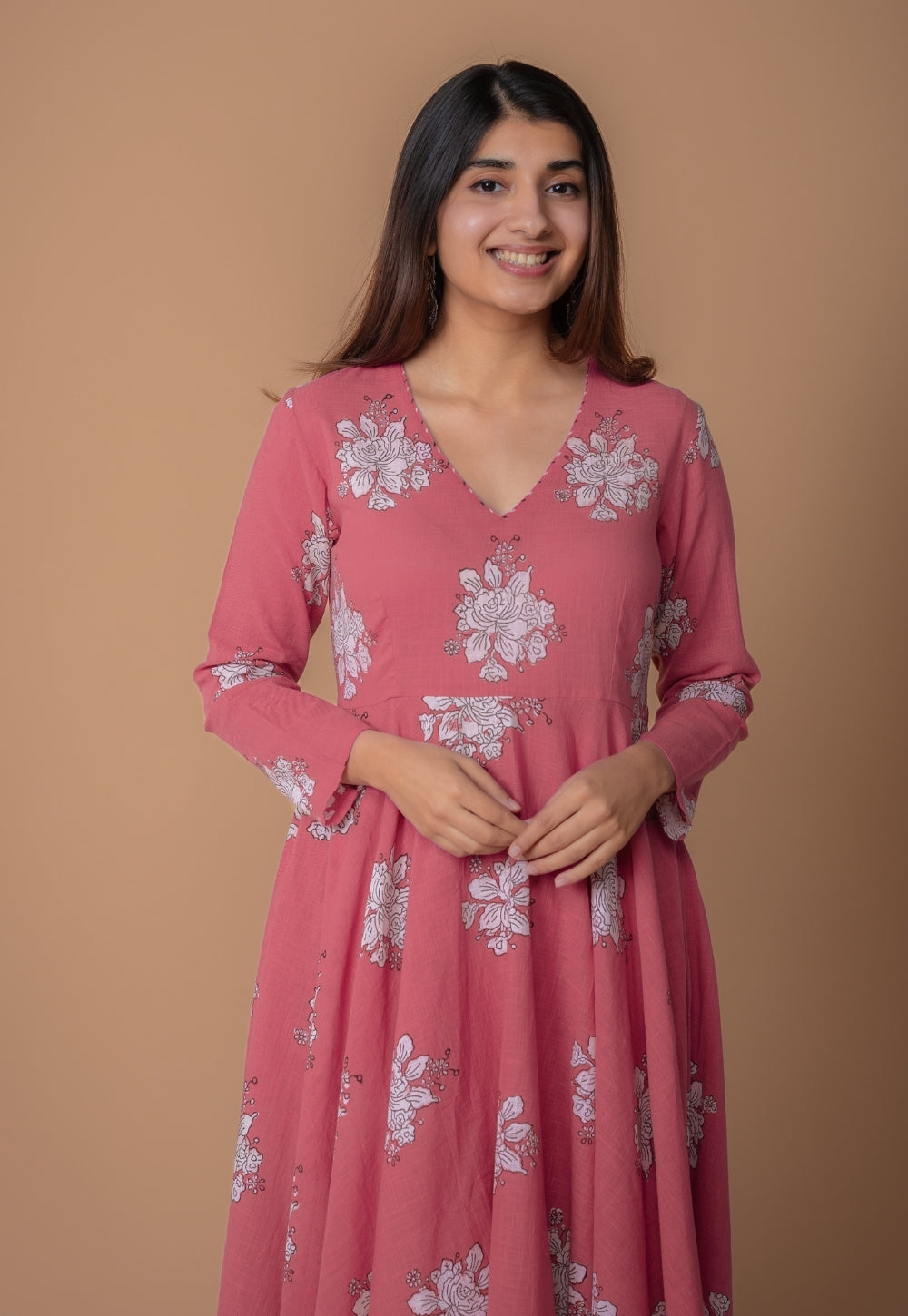 Ruvika Pink Dabu Slub Cotton A Line Kurta