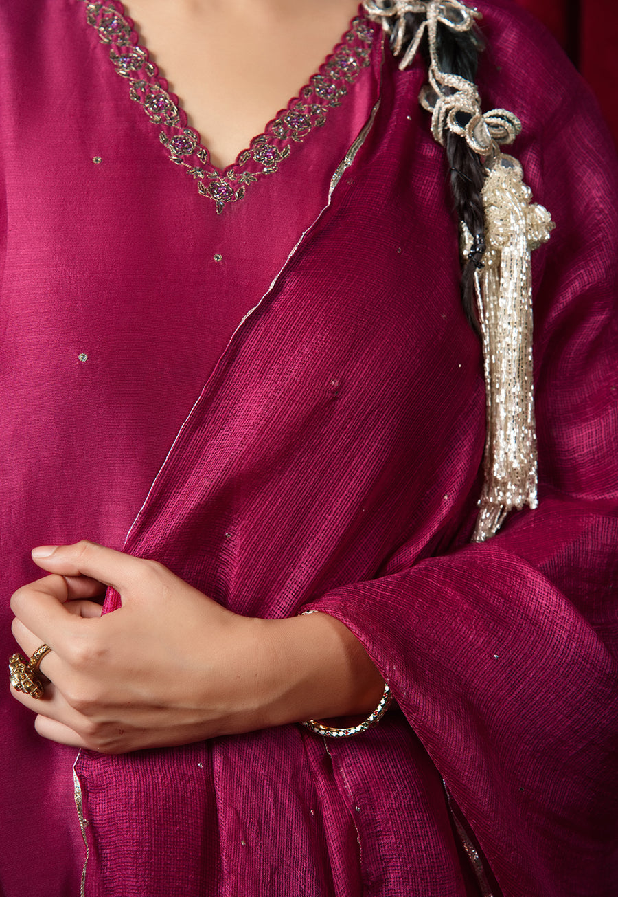 Hot Pink Solid Kota Doria Silk Dupatta with Mukaish Embroidery