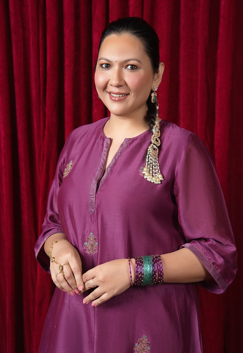 Tarani Purple Solid Chanderi Silk A Line Kurta with Hand Embroidery