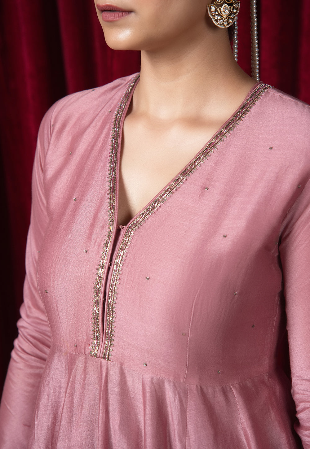 Husna Pink Solid Chanderi Silk Kali Kurta with Hand Embroidery