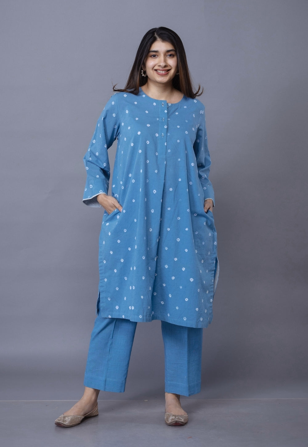 Kaaya Blue Bandhani Cotton Straight Kurta