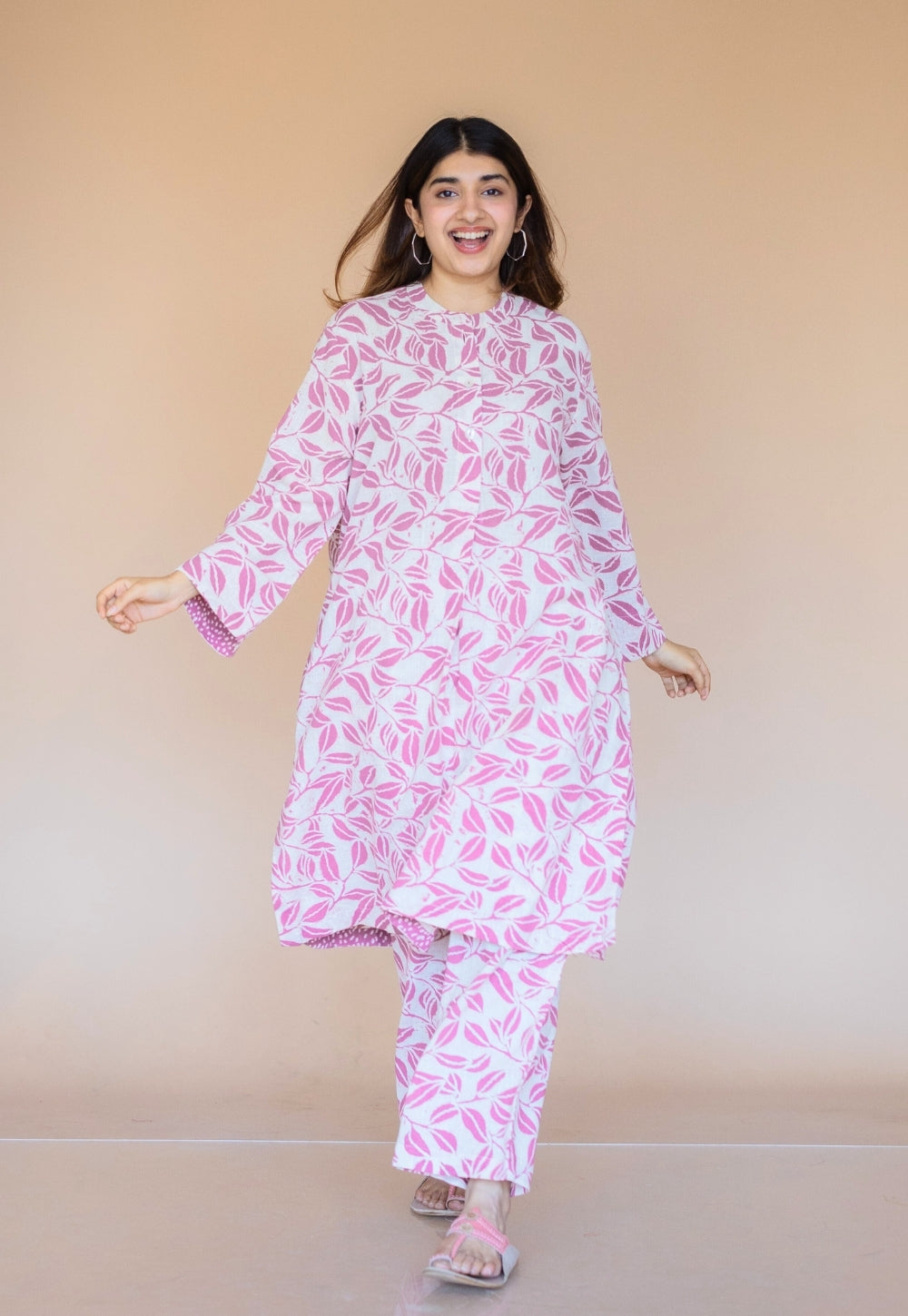 Yashi Pink Hand Block Print Slub Cotton Straight Pant