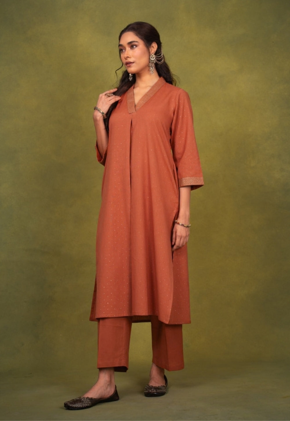 Sakhi Orange Rogan Handblock Printed Cotton Straight Kurta Suit Set (Set of 3)