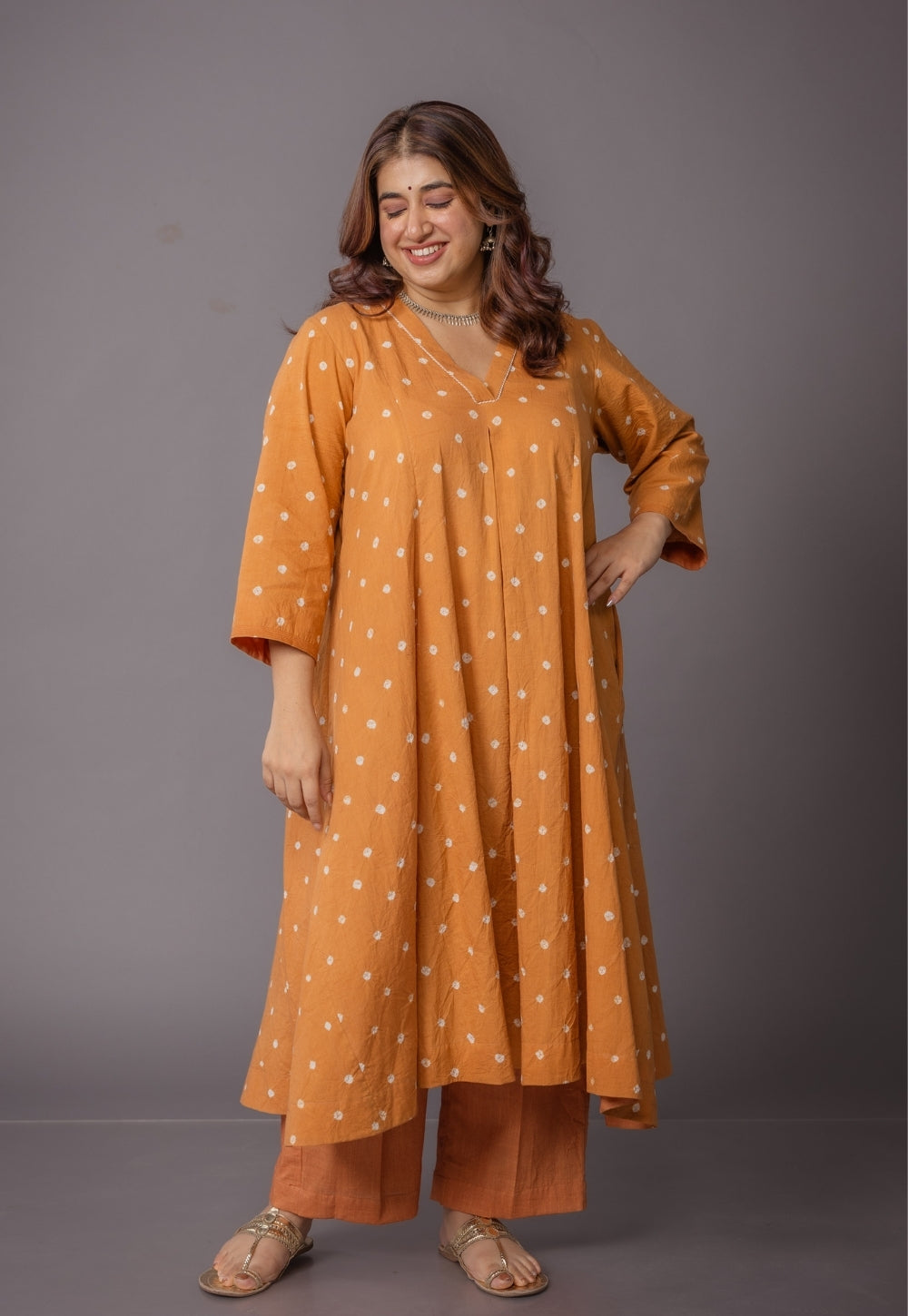 Rosha Yellow Bandhani Cotton Kali Suit Set (Set of 3)