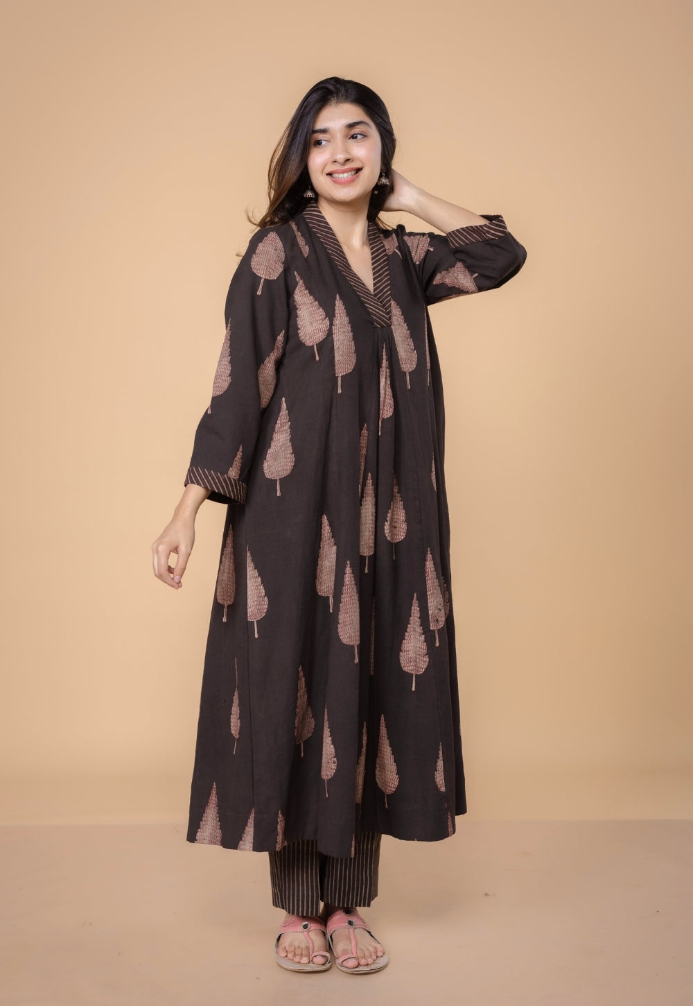 Eshita Brown Dabu Slub Cotton A Line Kurta Set (Set of 2)