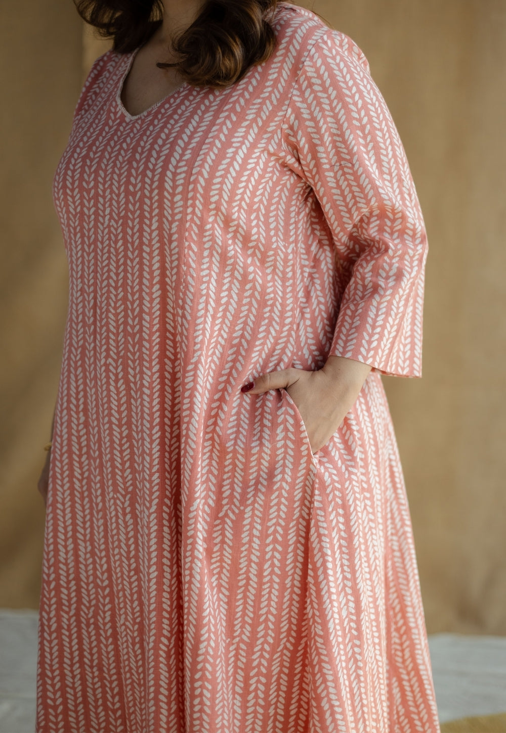 Jumana Coral Hand Block Print Slub Cotton Kali Kurta with Hand Embroidery