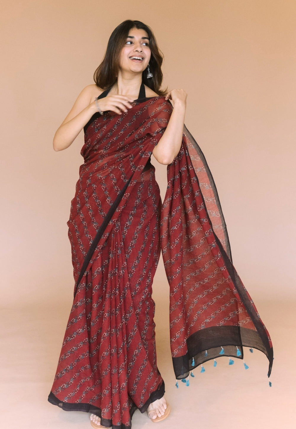 Red Floral Ajrakh Hand Block Print Kota Doria Cotton Saree
